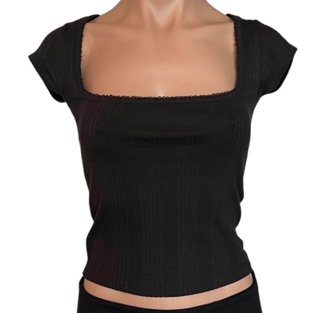 BDG Urban Outfitters Black Ribbed Square Neck Cap Sleeve Women's Top Siz…